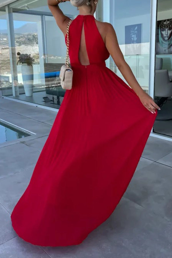 Amsoin Halter Neck Pleated Swing Dress