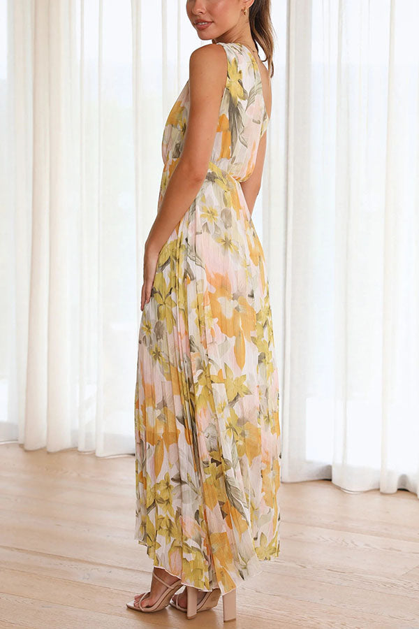 Amsoin Floral One Shoulder Elastic Waist Pleated Maxi Dress