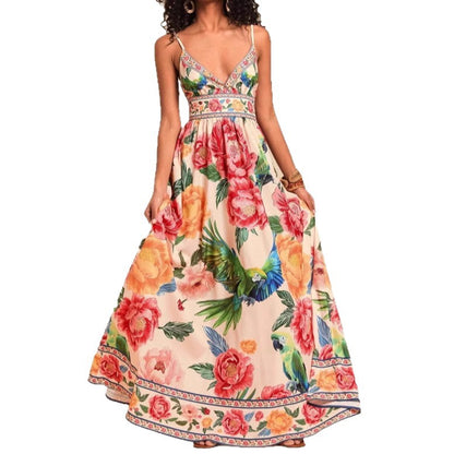 New Strap Print V-Neck Extra-Long Knitted Dress