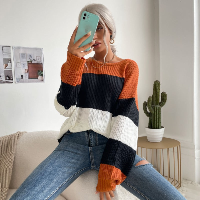 Autumn New Striped Contrast Color Knitwear Round Neck Loose Sweater