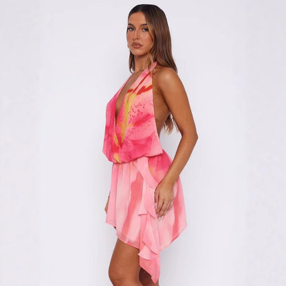 Sexy Halterneck Off-Shoulder Irregular Print Dress