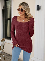 Square Neck Ribbed Long Sleeve Sweater