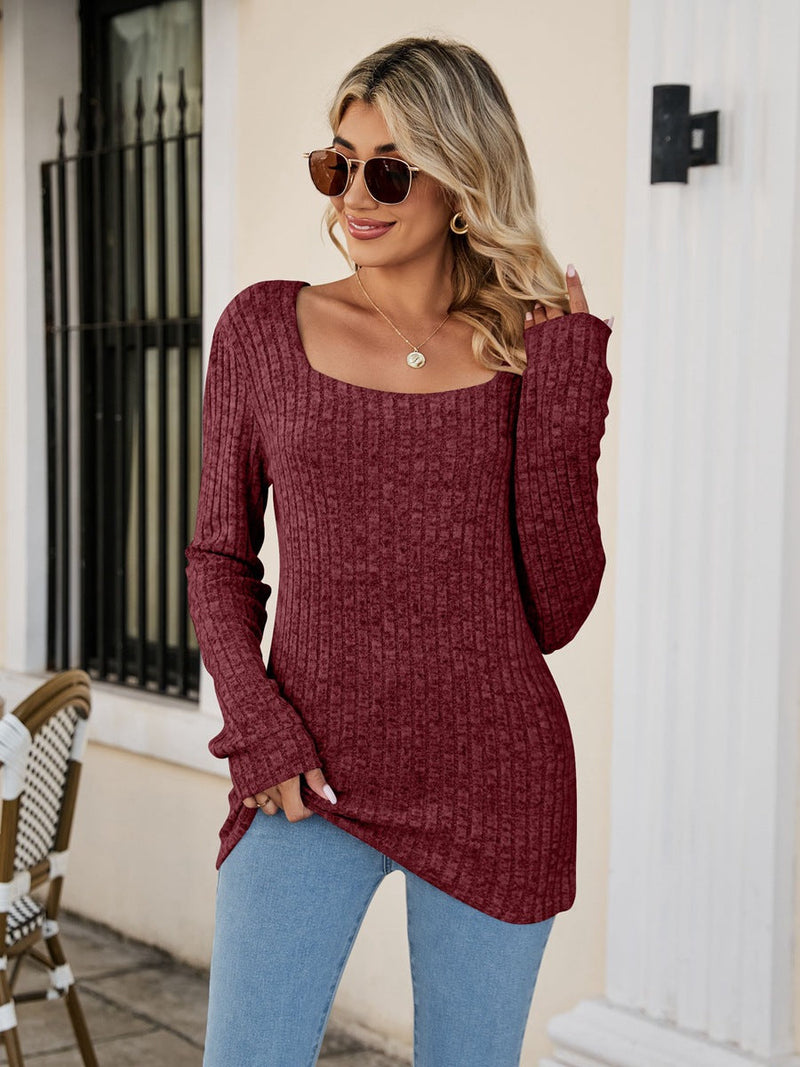 Square Neck Ribbed Long Sleeve Sweater