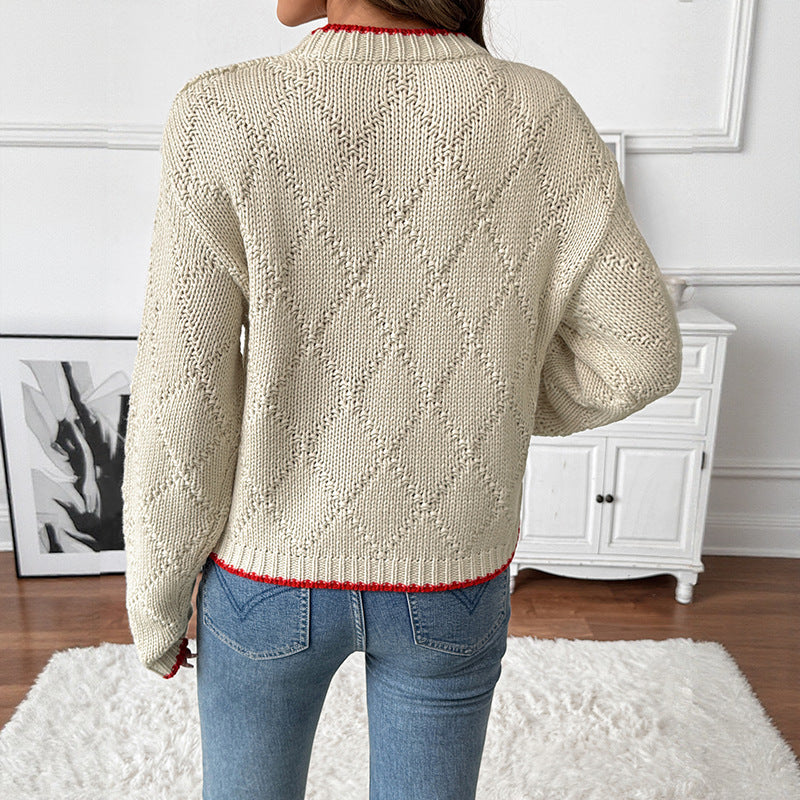 Autumn And Winter New Contrast Color Trim Fish Pattern Round Neck Pullover Knitted Sweater Women