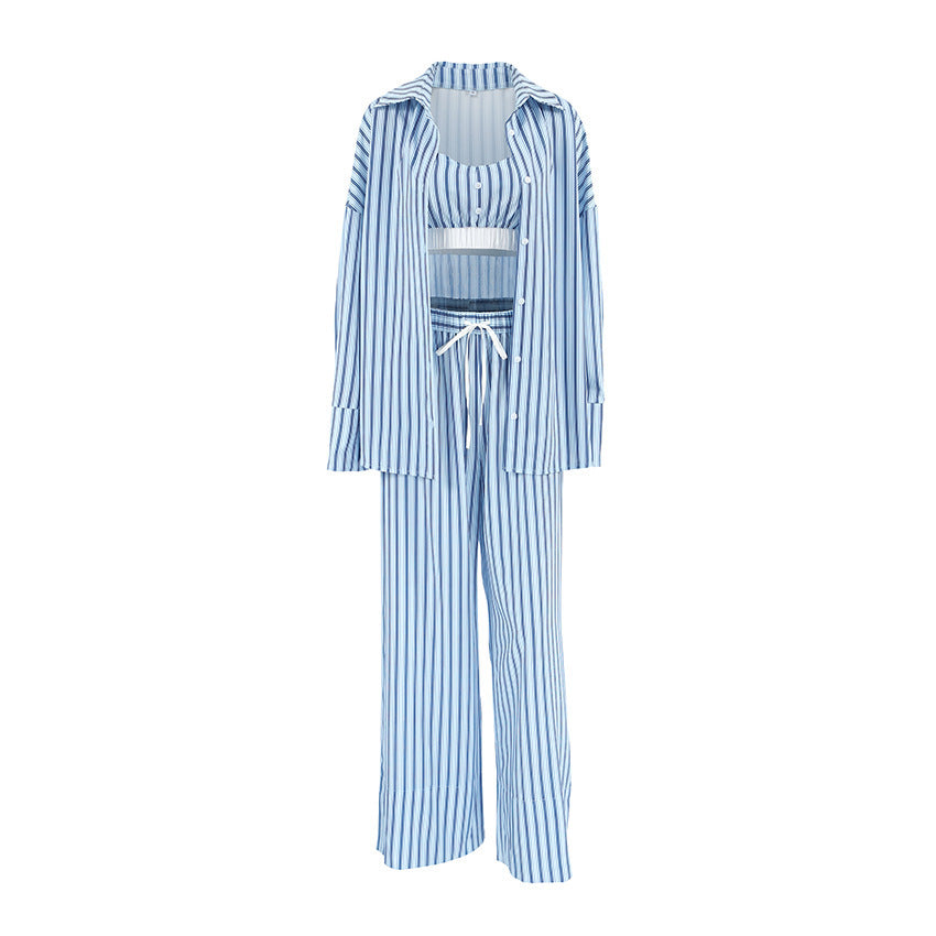 Blue Striped Printed Ladies' Homewear Vest Cardigan Trousers Three-piece Set