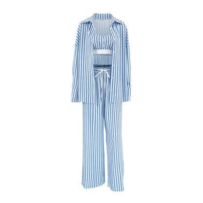 Blue Striped Printed Ladies' Homewear Vest Cardigan Trousers Three-piece Set