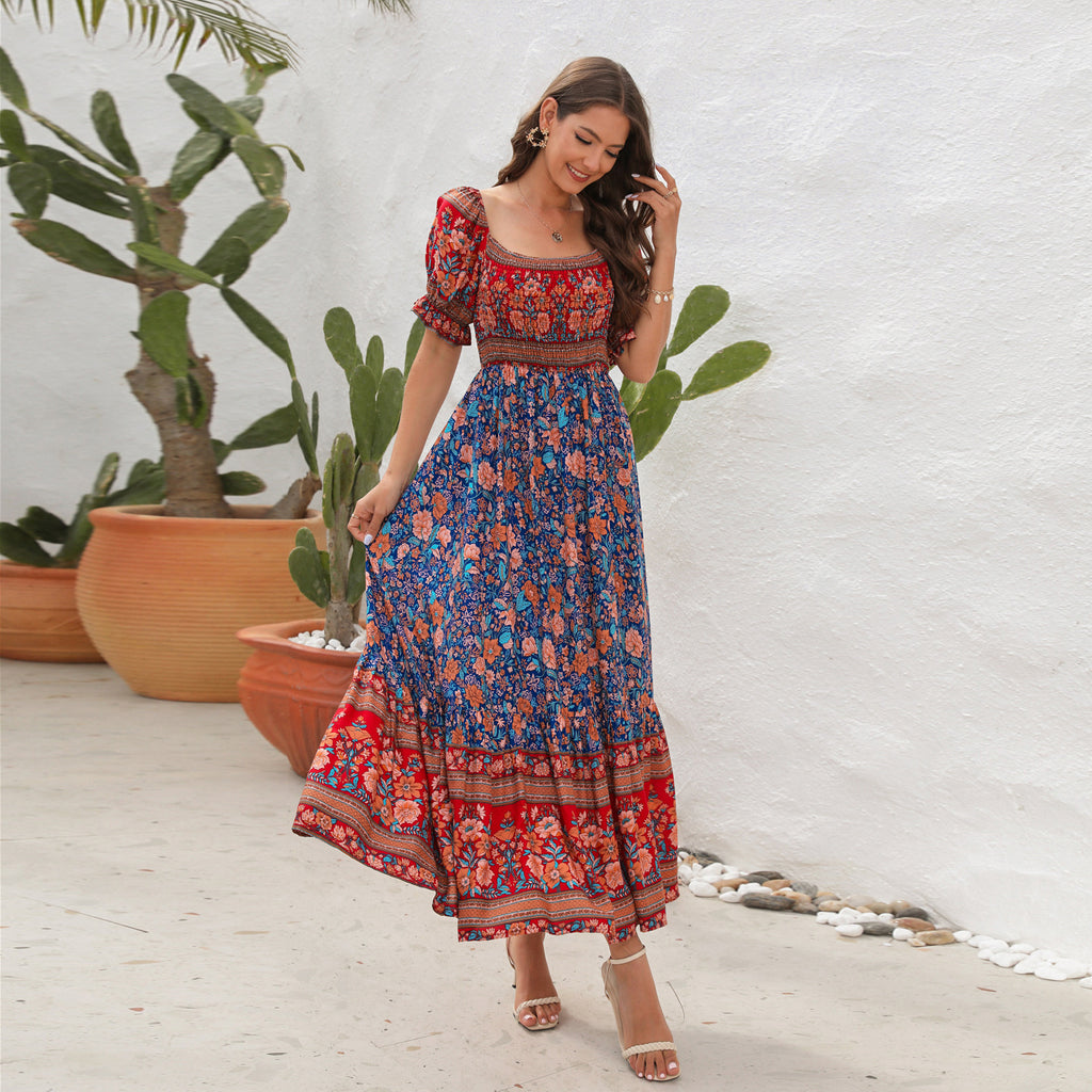 Amsoin Bohemian Beach Holiday Off-shoulder Puff Sleeve Dress