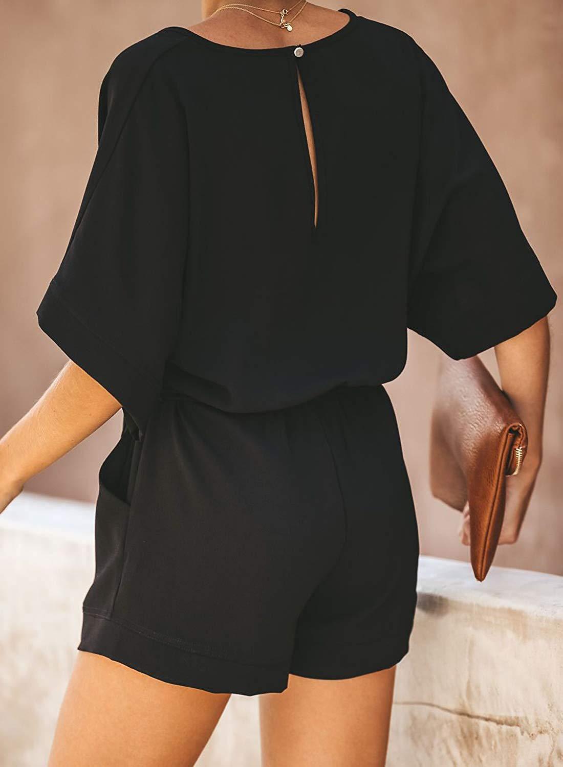 Casual Solid Color And V-neck Lace-up Short-sleeved Jumpsuit Shorts