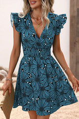 Amsoin Floral Print Ruffle Sleeve Elastic Waist Mini Dress