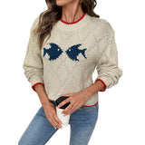 Autumn And Winter New Contrast Color Trim Fish Pattern Round Neck Pullover Knitted Sweater Women