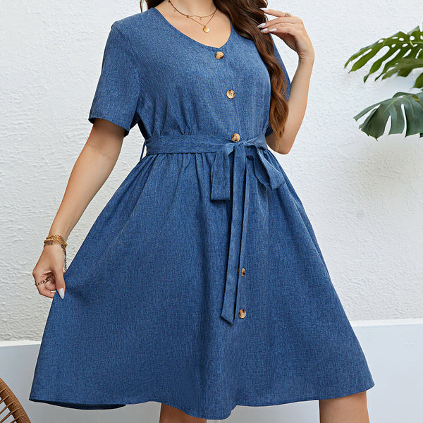Summer Blue Denim Lace-up Waist-controlled Dress