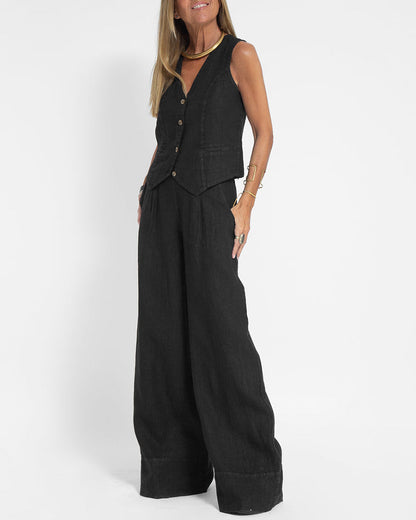 sleeveless slim fit vest top and wide leg pants patchwork casual two pieces sets