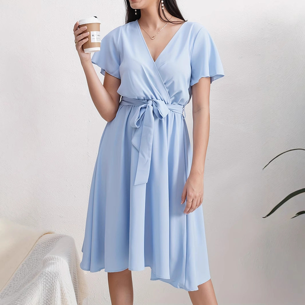 Short Sleeve Cross Collar Belt Solid Color Dress