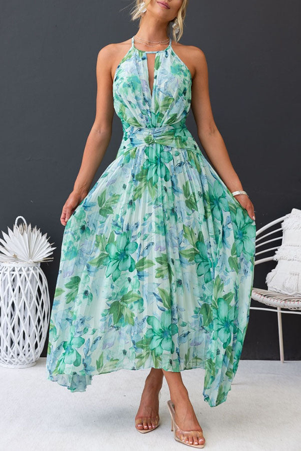 Amsoin Floral Cutout Neck Pleated Midi Dress