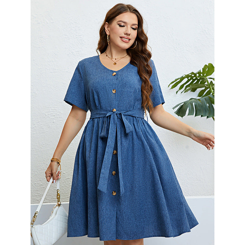 Summer Blue Denim Lace-up Waist-controlled Dress