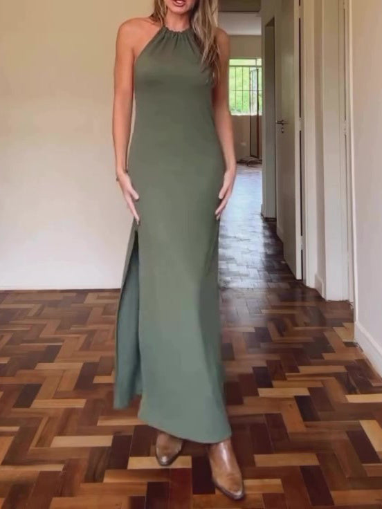 Halter Neck Open Back Slit Dress