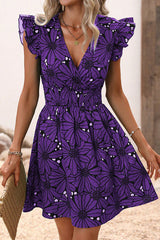 Amsoin Floral Print Ruffle Sleeve Elastic Waist Mini Dress