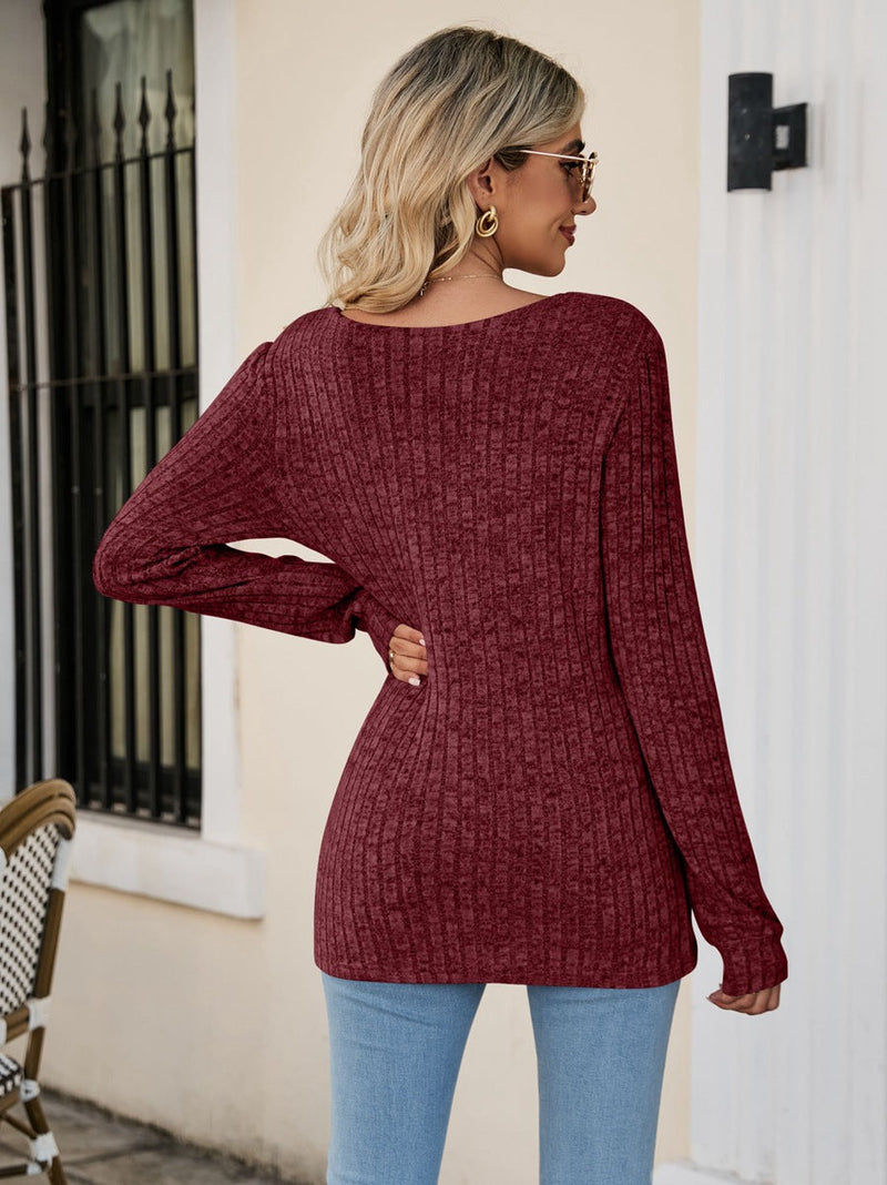 Square Neck Ribbed Long Sleeve Sweater