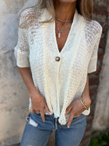One Button Half Sleeve Hollow Out Knitted Cardigan Top