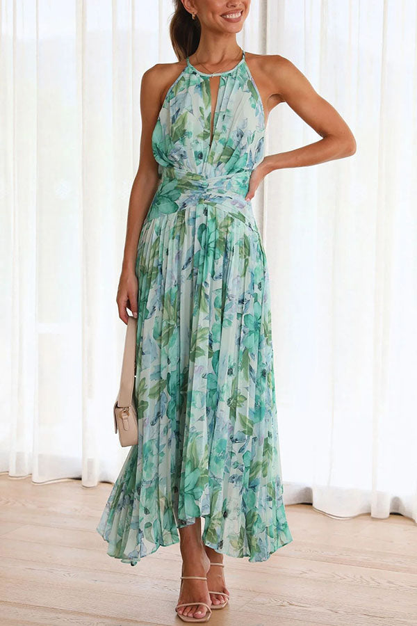 Amsoin Floral Cutout Neck Pleated Midi Dress
