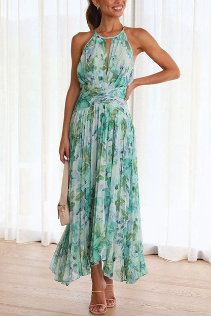 Amsoin Floral Cutout Neck Pleated Midi Dress