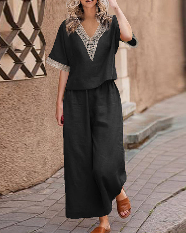 loose fit lace patchwork shirt and wide leg pants two piece set