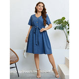 Summer Blue Denim Lace-up Waist-controlled Dress