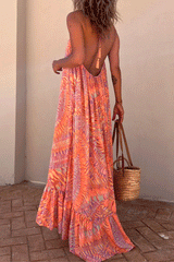 AmsoinHalter Backless Printed Maxi Ruffle Swing Dress