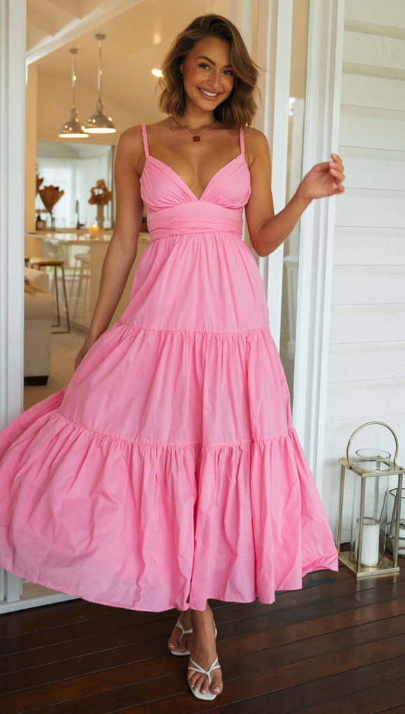 Amsoin Solid Color V-neck Suspender Stitching Large Swing Long Dress