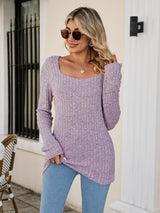 Square Neck Ribbed Long Sleeve Sweater