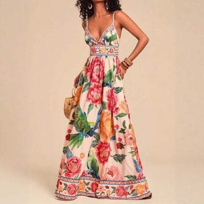 New Strap Print V-Neck Extra-Long Knitted Dress
