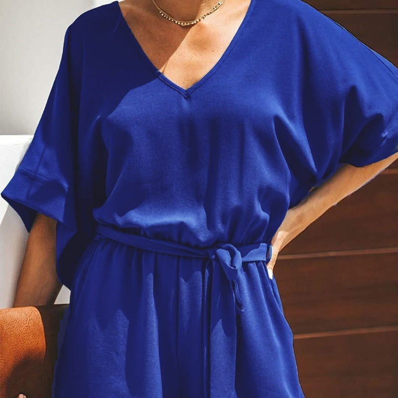 Casual Solid Color And V-neck Lace-up Short-sleeved Jumpsuit Shorts