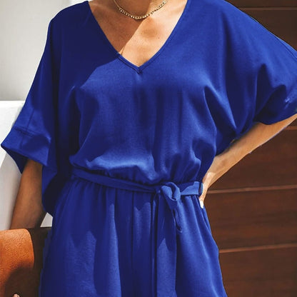 Casual Solid Color And V-neck Lace-up Short-sleeved Jumpsuit Shorts