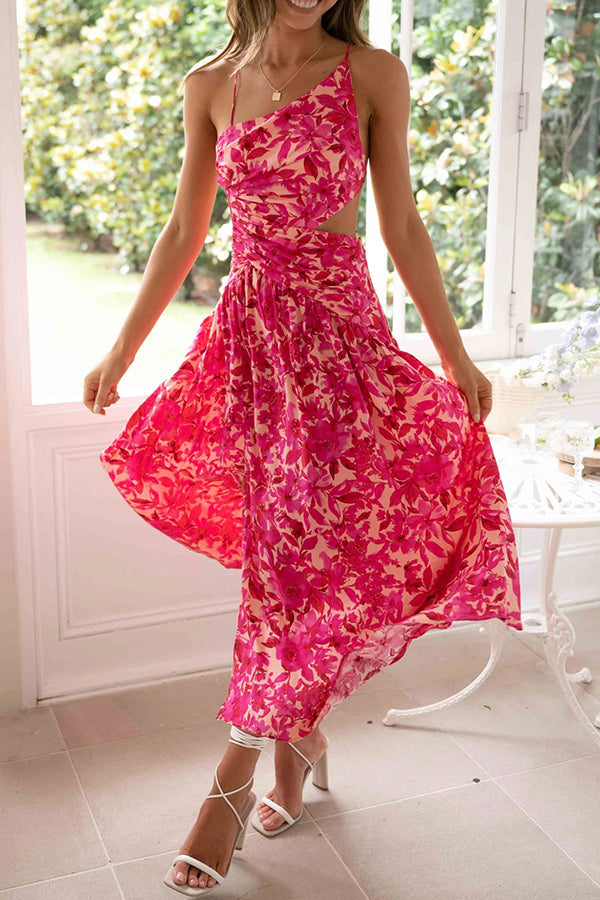 Amsoin Floral Print Slit Lace Up Midi Dress