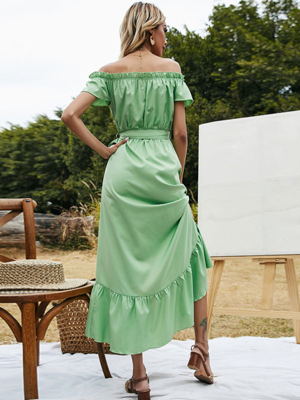 Blue Zone Planet |  One Shoulder Ruffle Tie Waist Solid Color Dress BLUE ZONE PLANET