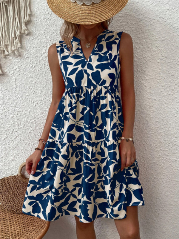 Blue Zone Planet |  Floral Print V Neck Pleated Print Dress BLUE ZONE PLANET