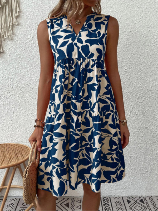 Blue Zone Planet |  Floral Print V Neck Pleated Print Dress BLUE ZONE PLANET