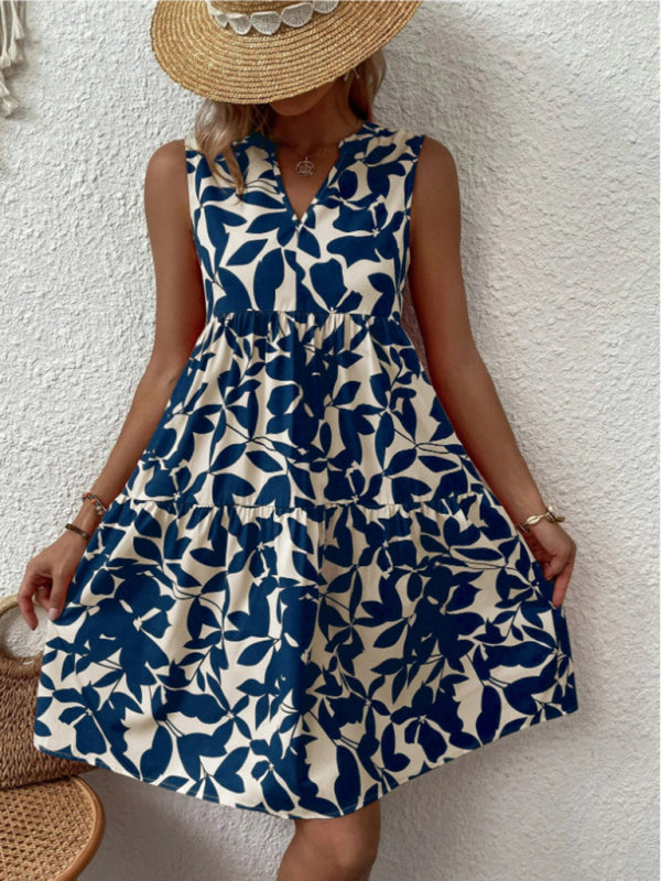 Blue Zone Planet |  Floral Print V Neck Pleated Print Dress BLUE ZONE PLANET