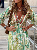 Blue Zone Planet |  Long Sleeve V-Neck Bohemian Print Dress BLUE ZONE PLANET