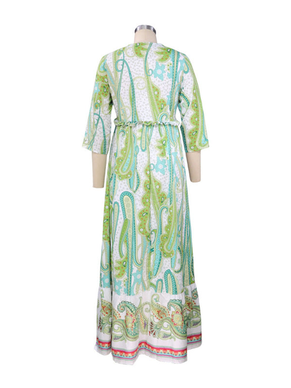 Blue Zone Planet |  Long Sleeve V-Neck Bohemian Print Dress BLUE ZONE PLANET