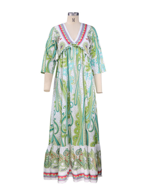 Blue Zone Planet |  Long Sleeve V-Neck Bohemian Print Dress BLUE ZONE PLANET