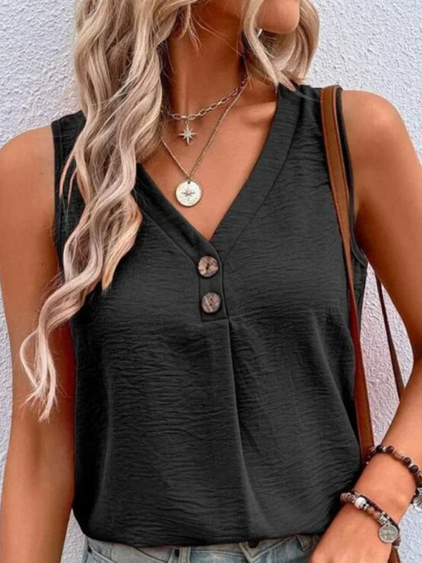 Women's Solid Color Casual V-Neck Button Sleeveless Top-[Adult]-[Female]-Black-S-2022 Online Blue Zone Planet