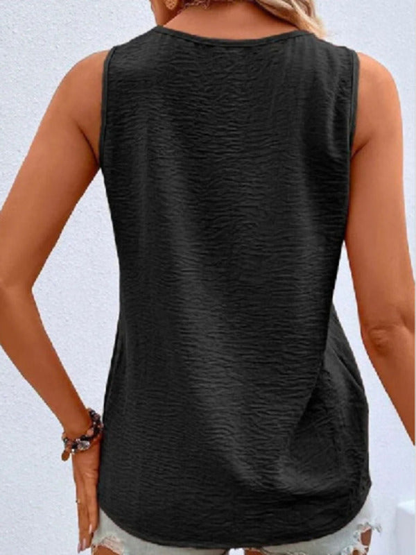 Women's Solid Color Casual V-Neck Button Sleeveless Top-[Adult]-[Female]-2022 Online Blue Zone Planet