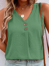Women's Solid Color Casual V-Neck Button Sleeveless Top-[Adult]-[Female]-Green-S-2022 Online Blue Zone Planet
