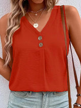 Women's Solid Color Casual V-Neck Button Sleeveless Top-[Adult]-[Female]-Orange Red-S-2022 Online Blue Zone Planet