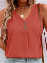 Women's Solid Color Casual V-Neck Button Sleeveless Top-[Adult]-[Female]-Watermelon Red-S-2022 Online Blue Zone Planet