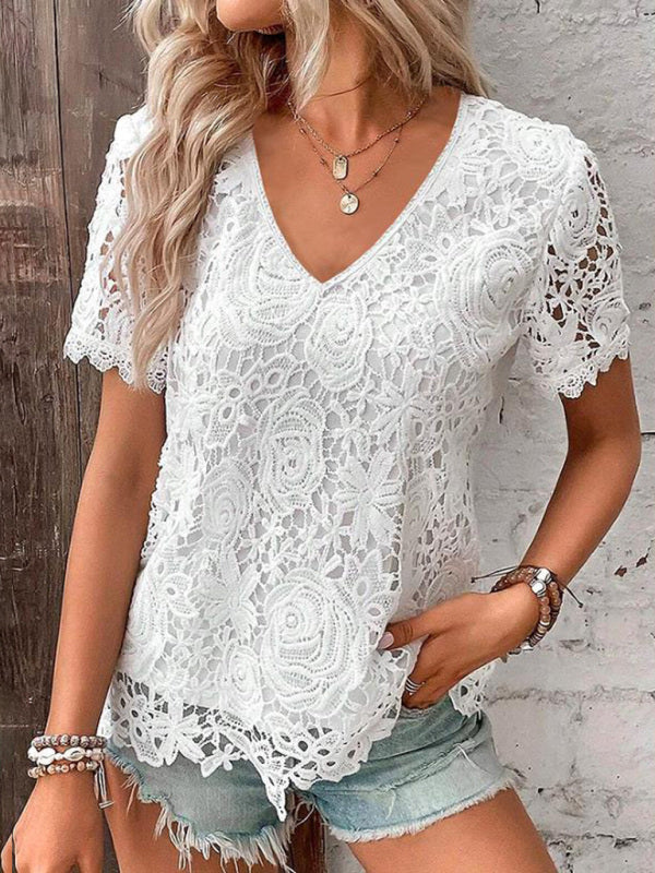 Summer new short-sleeved lace V-neck loose sweet pullover T-shirt-[Adult]-[Female]-White-S-2022 Online Blue Zone Planet