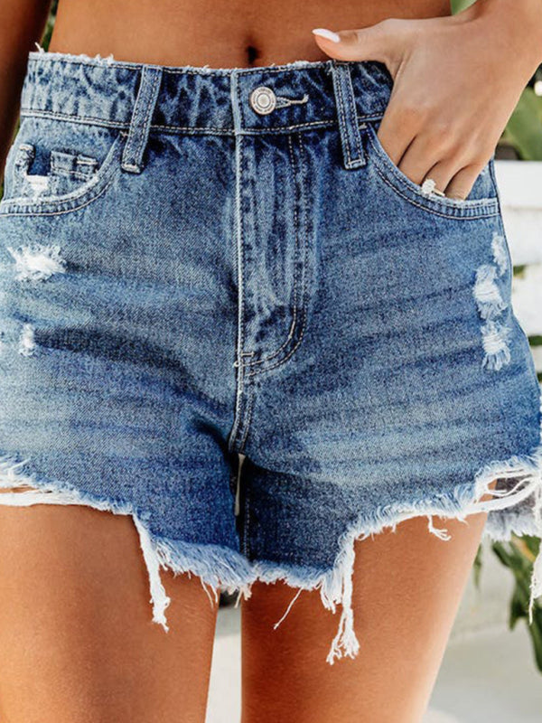 Comfortable denim shorts with frayed tassels and holes-[Adult]-[Female]-Blue-S-2022 Online Blue Zone Planet