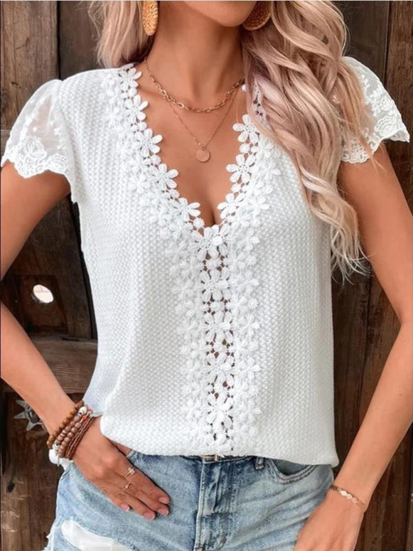 Lace waffle solid color V-neck short-sleeved casual T-shirt-[Adult]-[Female]-White-S-2022 Online Blue Zone Planet