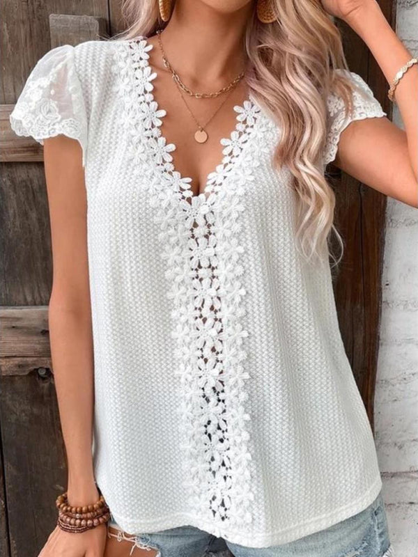 Lace waffle solid color V-neck short-sleeved casual T-shirt-[Adult]-[Female]-2022 Online Blue Zone Planet